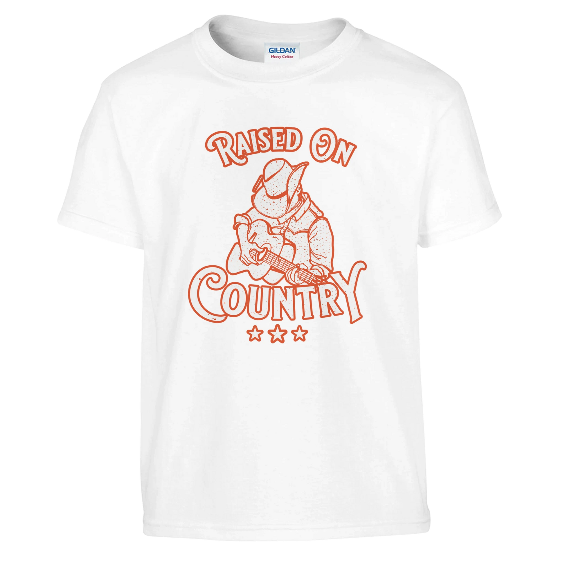 The C2C 2025 Raised On Country Kids T-Shirt by C2C Country To Country features an orange cowboy-with-guitar graphic, Raised On Country text, and three stars. Made from durable, machine washable fabric for easy care.