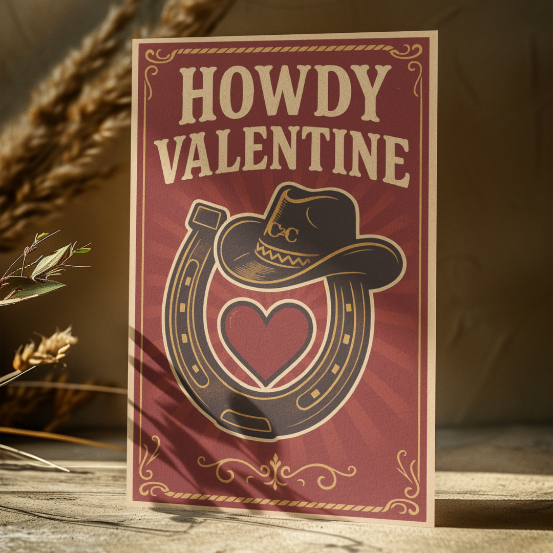 The C2C Howdy Valentine Card Red from C2C Country To Country Store features "Howdy Valentine" above a cowboy hat, horseshoe, and heart illustration, styled with rustic charm and displayed on a sunlit surface with dried plants in the background.