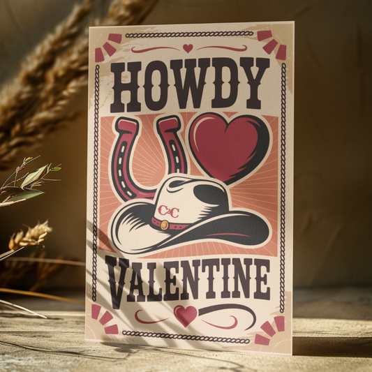 The C2C Howdy Valentine Card from C2C Country To Country Store has a Western design with "Howdy Valentine," a cowboy hat, horseshoe, and red heart in rustic brown and red on wood with dried plants.