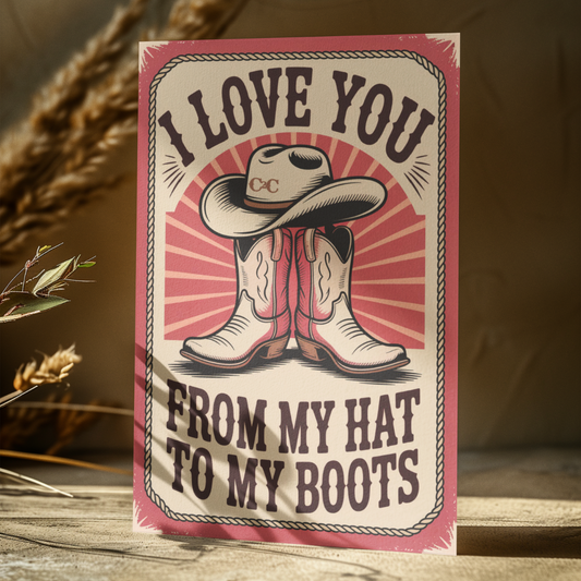 The C2C I Love You From My Hat To My Boots card from C2C Country To Country Store features a cowboy hat and boots illustration with the message, "I LOVE YOU FROM MY HAT TO MY BOOTS," set against rustic decor and dried grass.