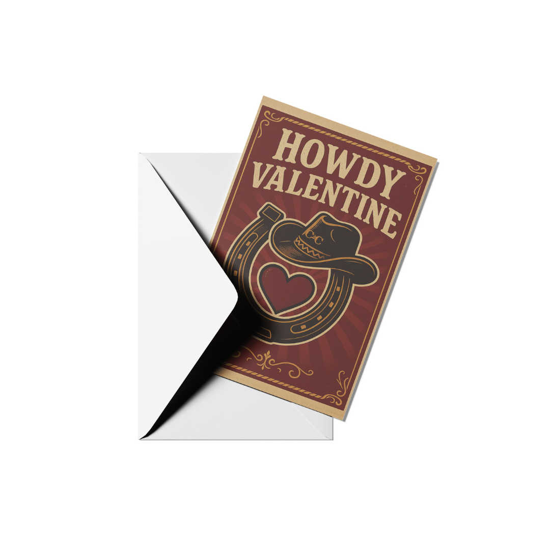The C2C Howdy Valentine Card Red by C2C Country To Country Store features bold “Howdy Valentine” text with a cowboy hat and horseshoe design, shown partially out of a white envelope on a white background.