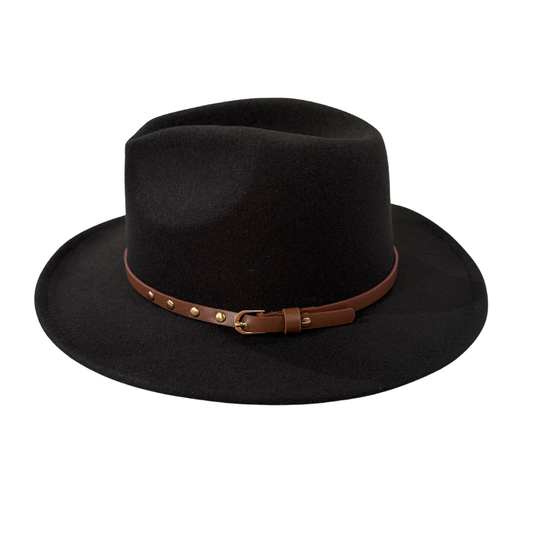 The 2026 Cowboy Hat is a black wide-brimmed felt hat with a brown leather band adorned with gold studs and a small buckle, shown on a white background.