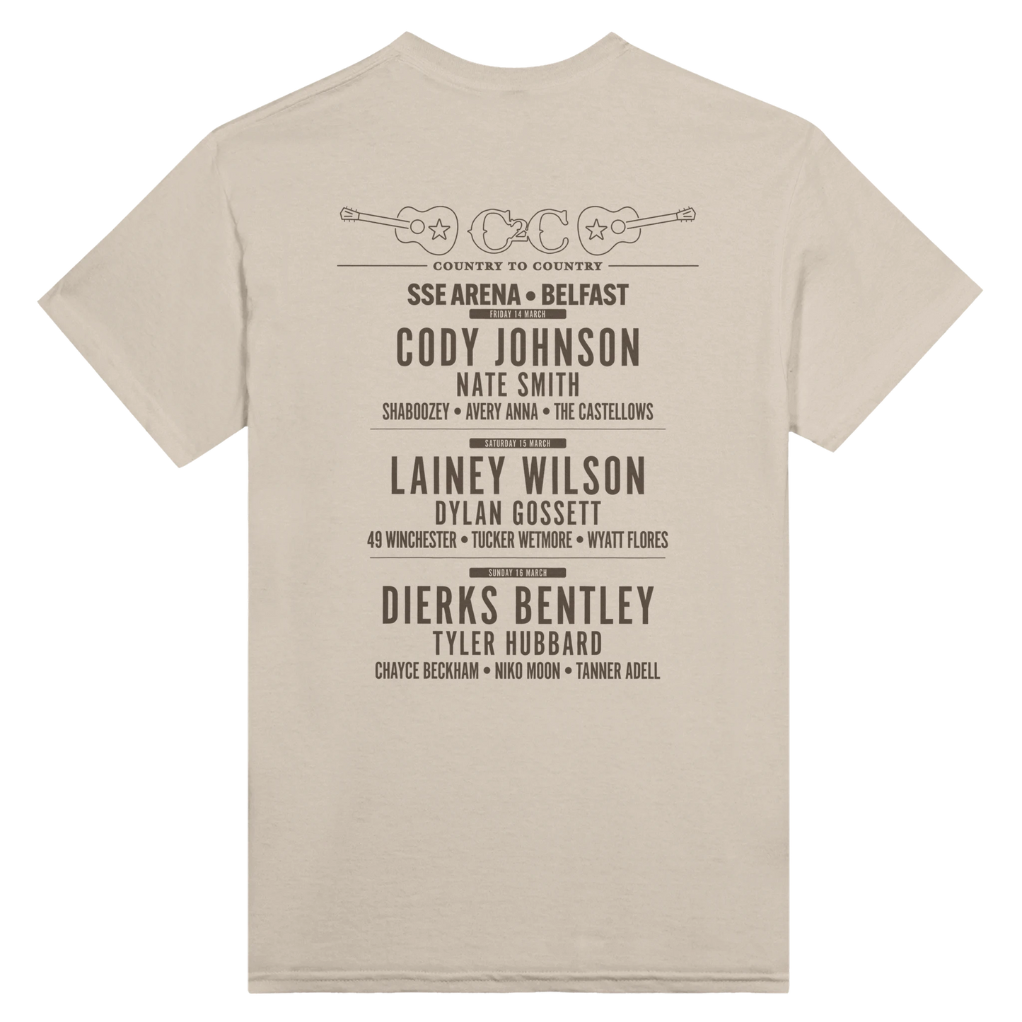The C2C Country To Country C2C 2025 Belfast Line Up T-Shirt showcases a vibrant festival lineup on the back with DTG printing for lasting color and comfort.