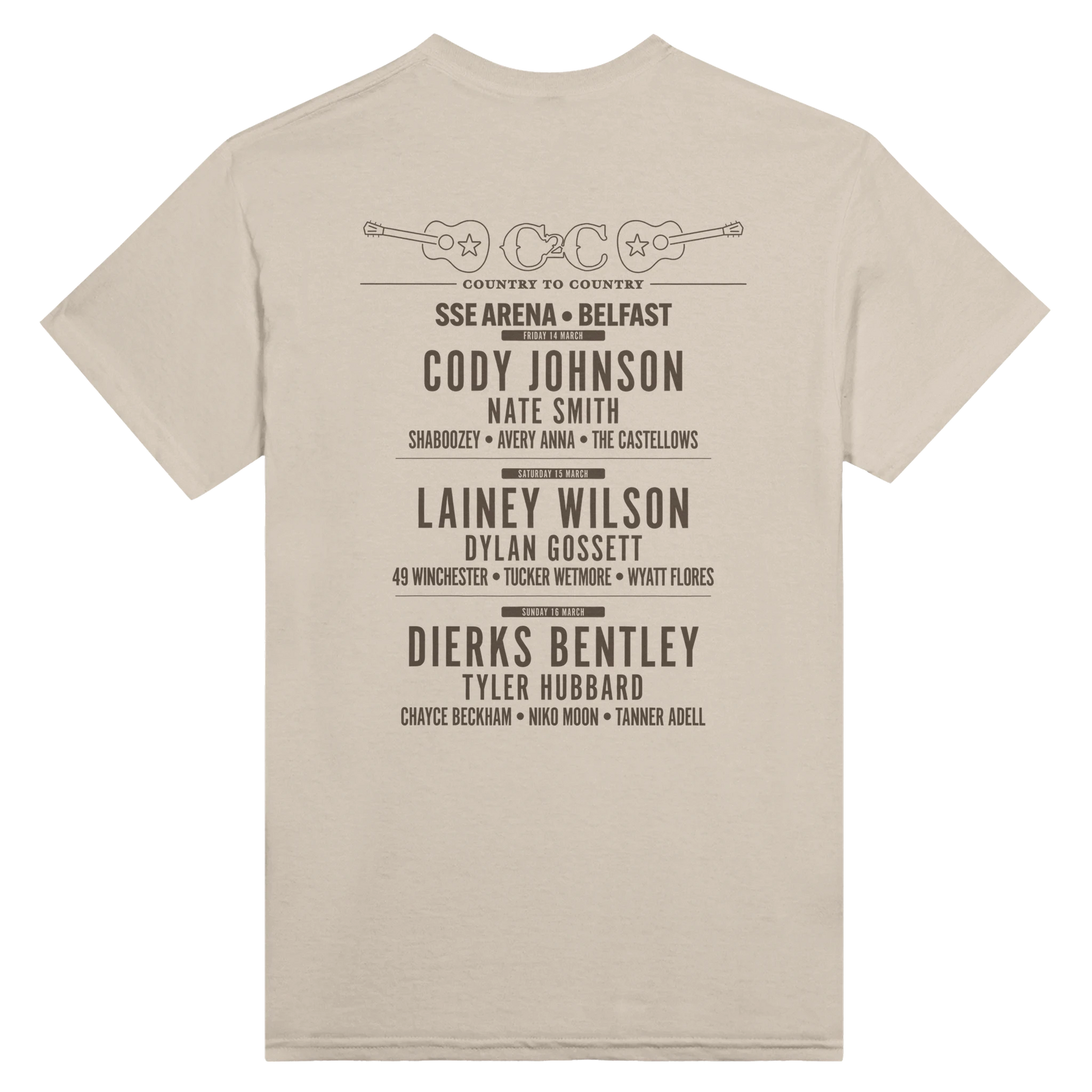 The C2C Country To Country C2C 2025 Belfast Line Up T-Shirt showcases a vibrant festival lineup on the back with DTG printing for lasting color and comfort.