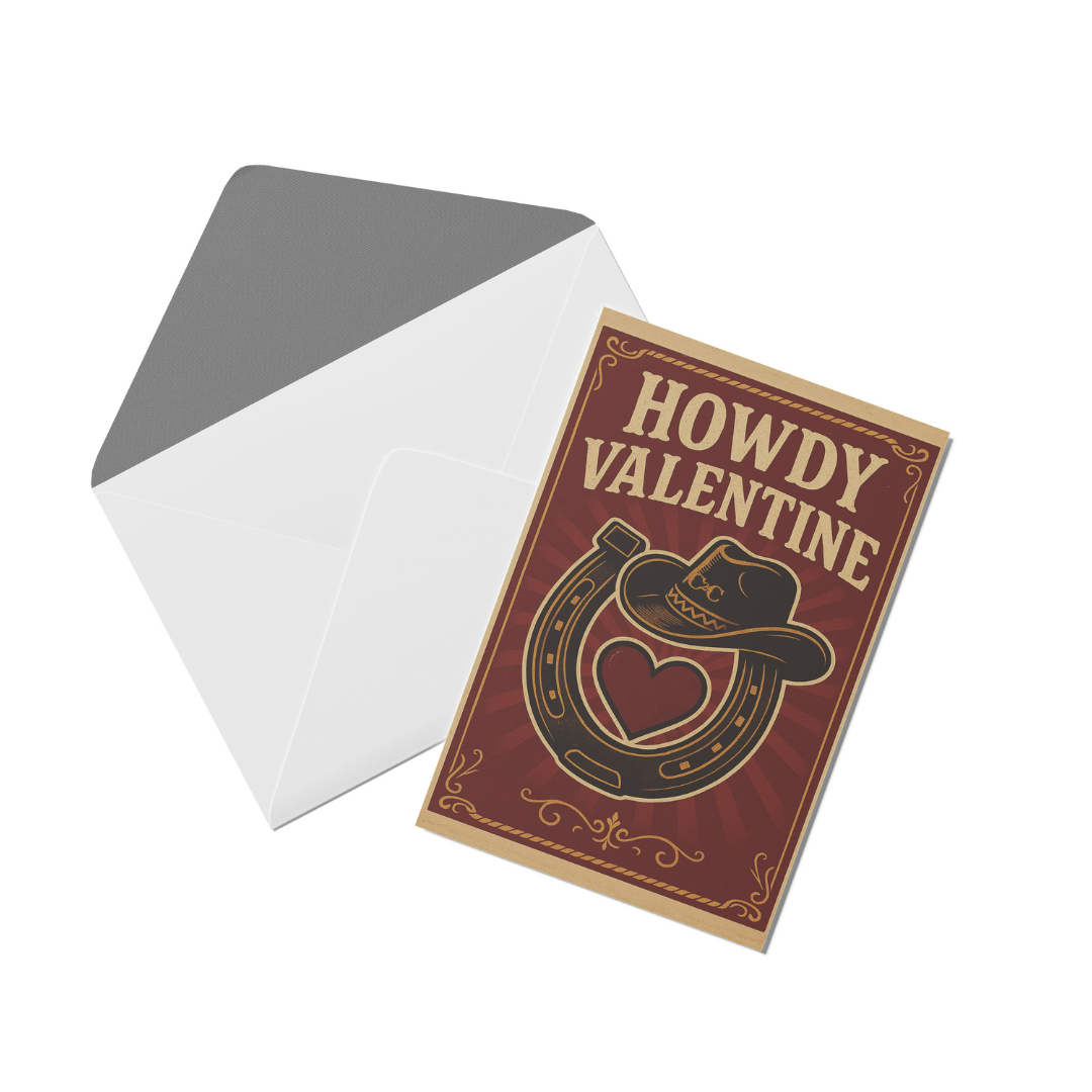 The C2C Howdy Valentine Card Red by C2C Country To Country Store features “Howdy Valentine” text, a horseshoe, cowboy hat, and heart design. Shown next to an open white envelope with gray interior on a white background.