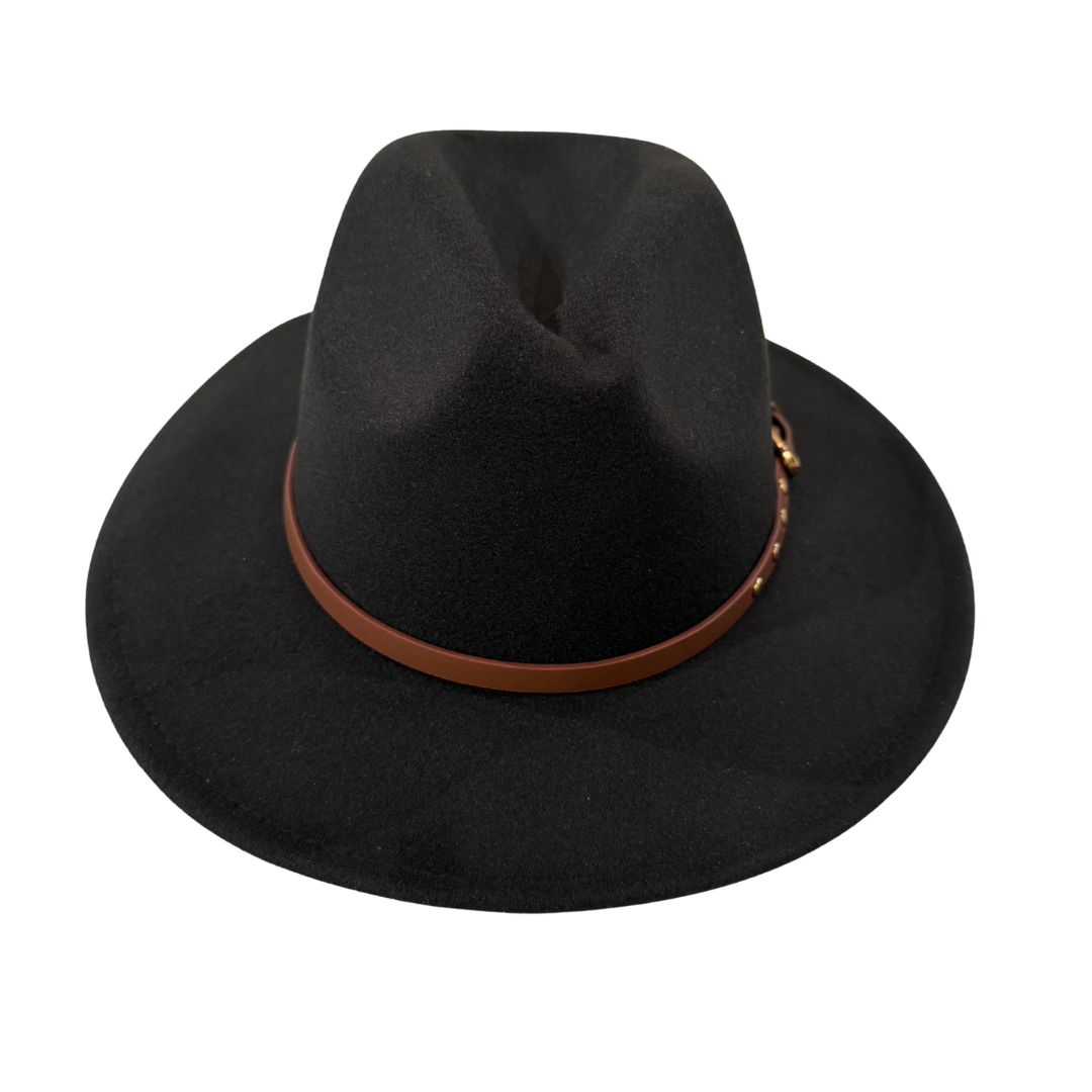 The 2026 Cowboy Hat features black felt and a brown leather band with gold studs, blending modern country style with subtle Western flair.
