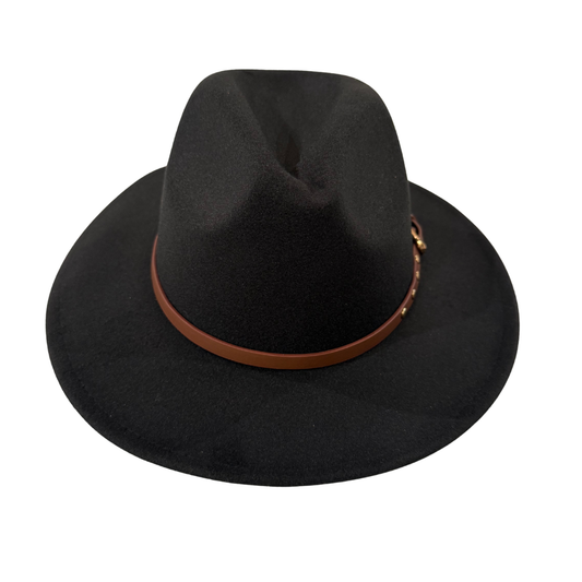 The 2026 Cowboy Hat features black felt and a brown leather band with gold studs, blending modern country style with subtle Western flair.