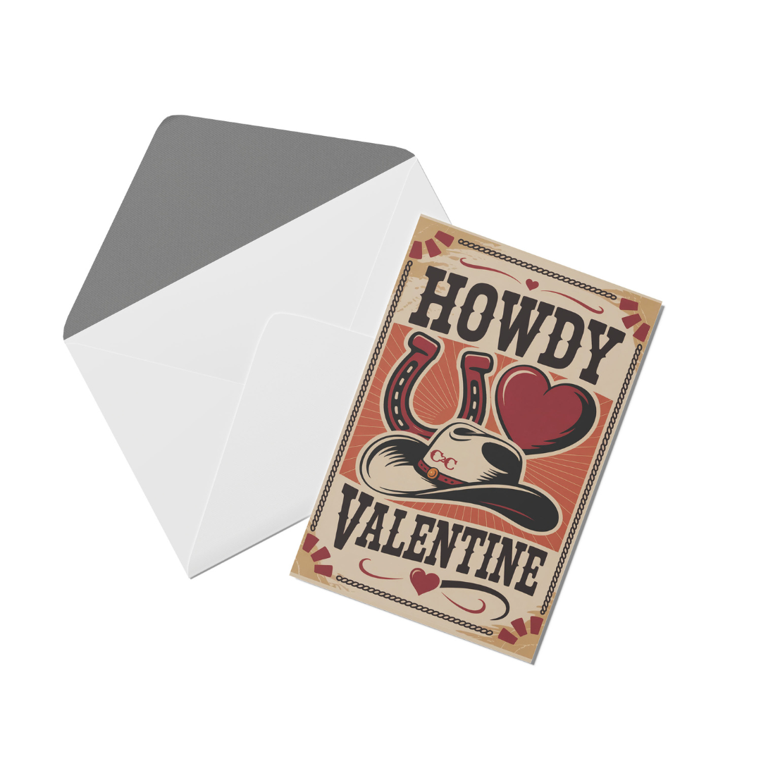 The C2C Howdy Valentine Card from C2C Country To Country Store features a cowboy hat, horseshoe, and heart design with “Howdy Valentine” text, displayed beside an open white envelope with a gray interior.