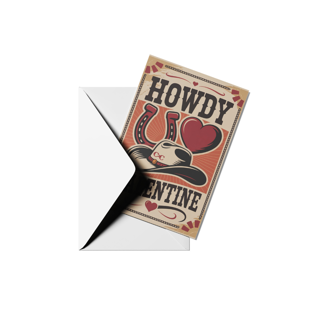 The C2C Howdy Valentine Card from C2C Country To Country Store features a cowboy hat and “Howdy Valentine” text, shown partially pulled out of a white envelope on a plain white background.