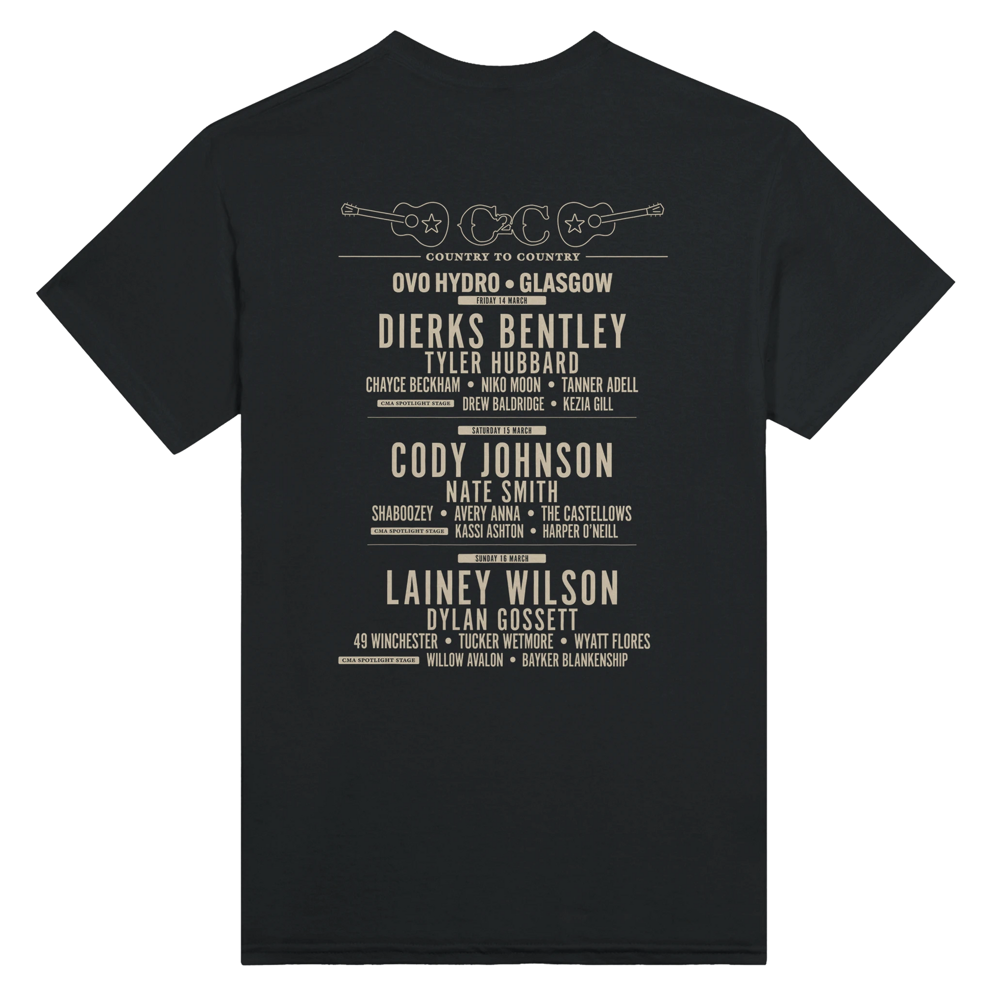 The C2C Country To Country 2025 Classic Country Glasgow Line Up T-Shirt in black features “Country to Country OVO Hydro - Glasgow” at the top and a beige artist lineup, DTG printed for softness and lasting design.