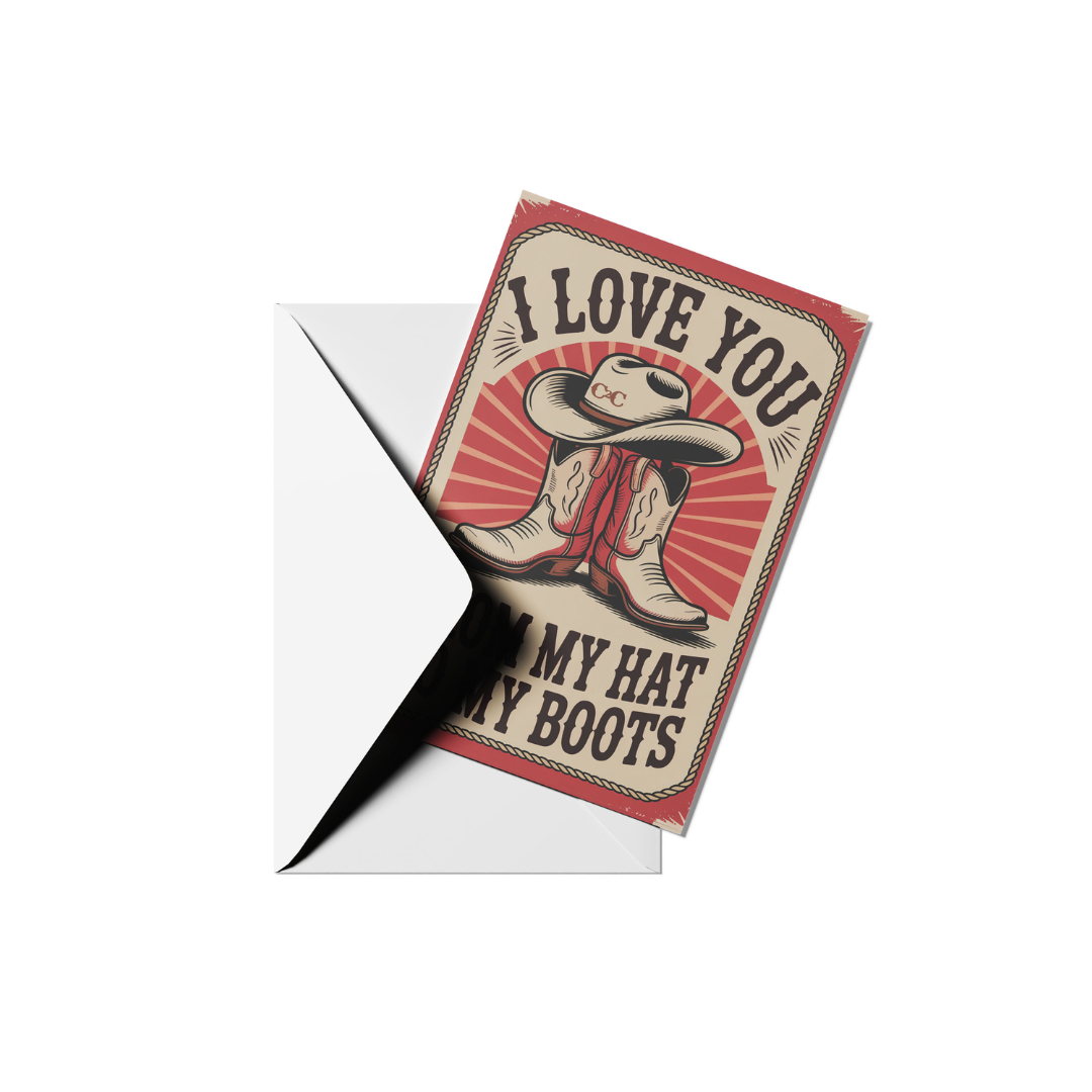 The C2C Country To Country Store’s “I Love You From My Hat To My Boots” card features a cowboy hat and boots illustration on a red and beige background, partially pulled from a white envelope.