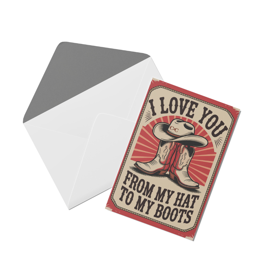 The C2C Country To Country Store's "I Love You From My Hat To My Boots" greeting card features a cowboy hat and boots illustration, paired with a white envelope lined in gray.