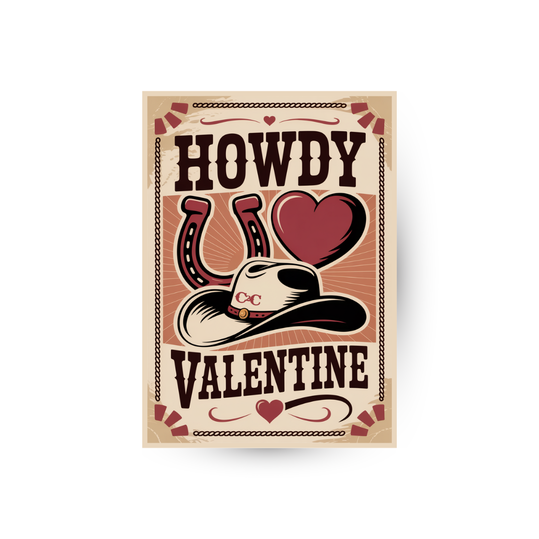 The C2C Howdy Valentine Card from C2C Country To Country Store features “Howdy Valentine” text with a cowboy hat, horseshoe, and heart in brown and red tones, accented by decorative borders for a Western-themed touch.