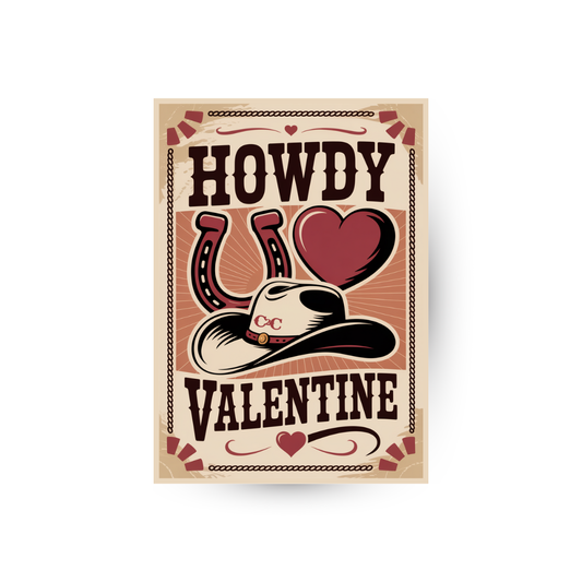 The C2C Howdy Valentine Card from C2C Country To Country Store features “Howdy Valentine” text with a cowboy hat, horseshoe, and heart in brown and red tones, accented by decorative borders for a Western-themed touch.