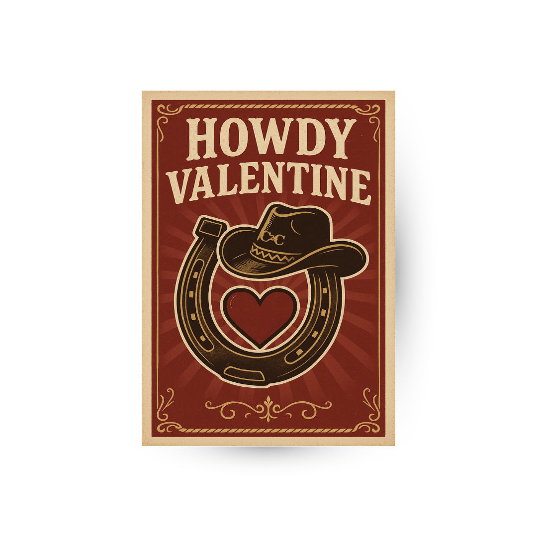 The C2C Howdy Valentine Card Red by C2C Country To Country Store features a vintage design with “Howdy Valentine,” a horseshoe, cowboy hat, and red heart on a red background with decorative borders.