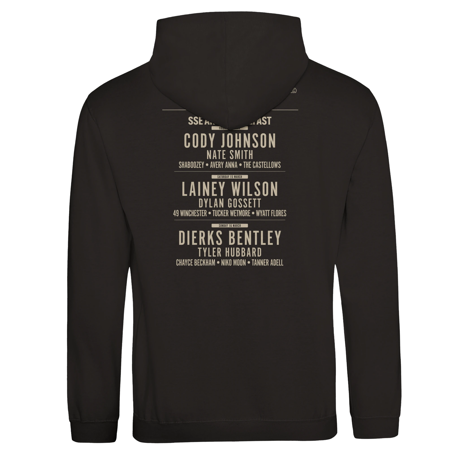 The C2C Country To Country C2C 2025 Belfast Event Line Up Hoodie is a black unisex hoodie made from soft Ringspun Cotton, with a stacked list of artists’ names—like Cody Johnson and Lainey Wilson—printed in beige on the back.