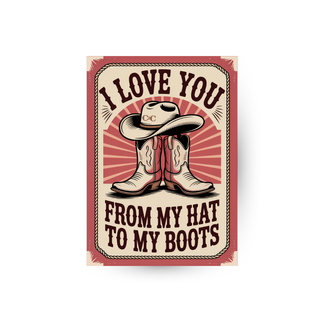 The C2C I Love You From My Hat To My Boots print by C2C Country To Country Store features a vintage-style cowboy hat and boots with the phrase “I Love You From My Hat To My Boots” in bold text, set in warm red and beige tones.