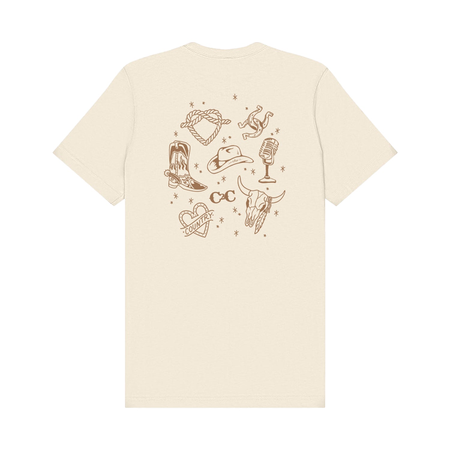 The C2C Country To Country Western Cowboy Natural T Shirt is a beige unisex tee with brown country-themed line art on the back, including a cowboy hat and boots, printed eco-friendly with DTG technology.