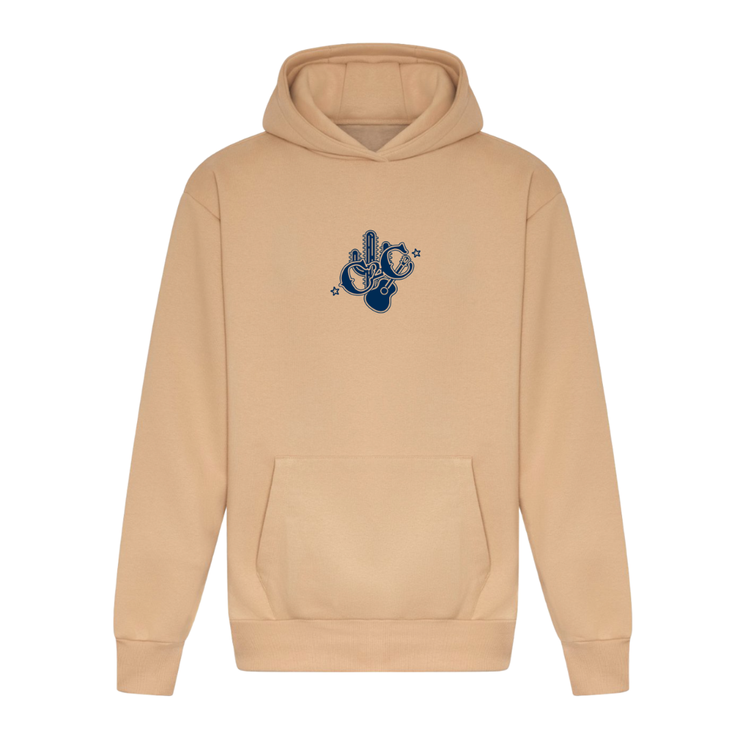 The C2C Premium Hoodie by 2026 is a beige pullover with a front pocket, featuring a small navy blue cactus and stars graphic—ideal for country music lovers or your next festival.