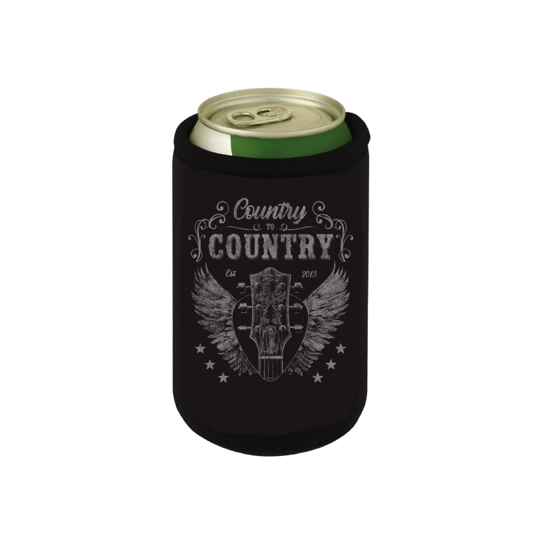 Keep your drink cold at any country music festival with the 2026 Koozie—a black insulated holder featuring a white guitar-with-wings design, stars, and “Country to Country Est. 2013.” Fits green cans and more.