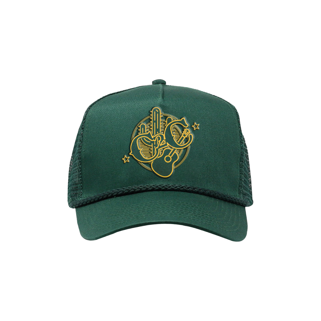 The Neon Logo Cap by 2026 is a dark green mesh trucker hat with a yellow embroidered cactus, hand, guitar, stars, and G & C on the front—ideal for country music fans or festivals.