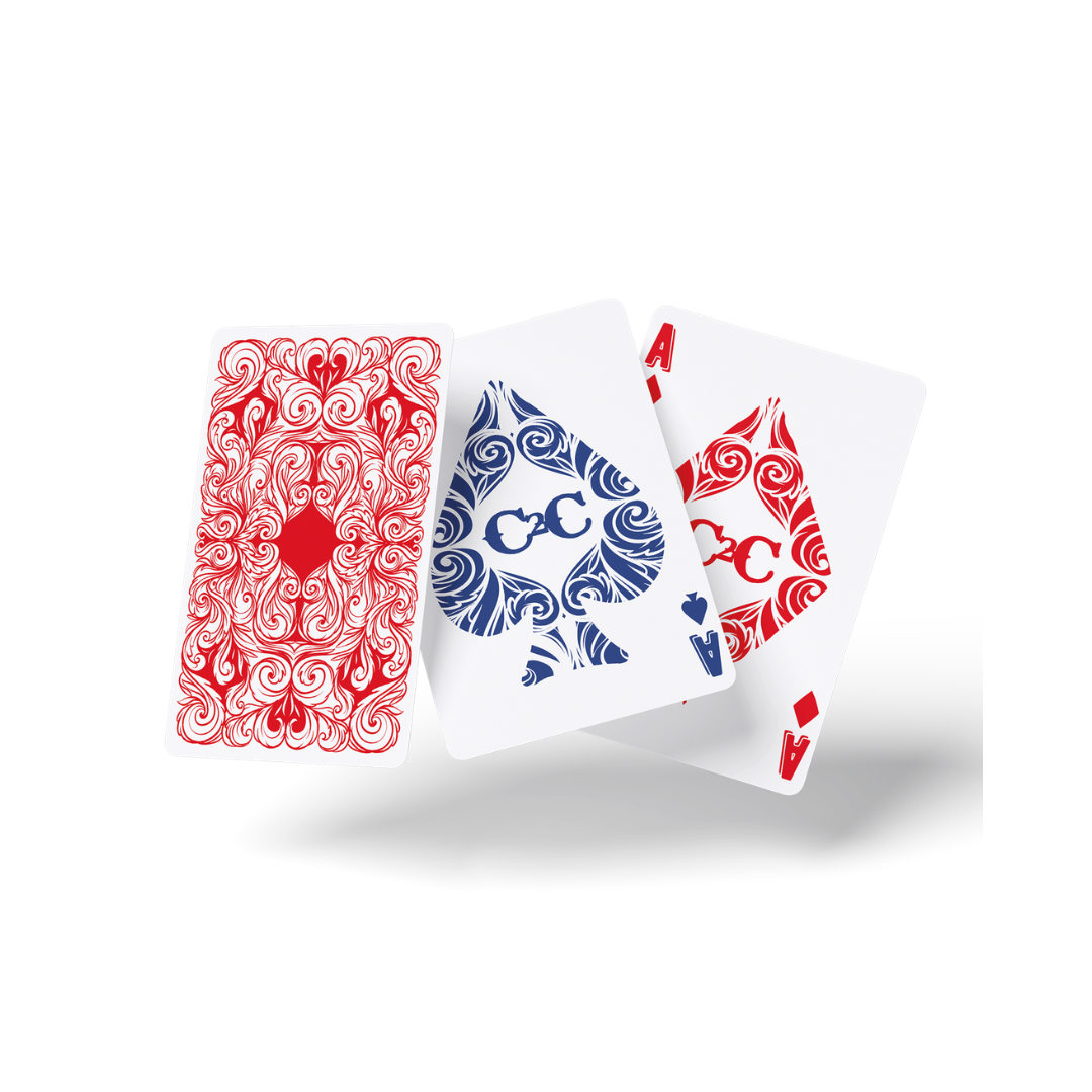Three 2026 Playing Cards: one face-down with a red ornate back, the blue ace of spades, and the red ace of diamonds—ideal for game nights—displayed on a white background.