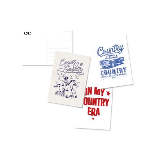 The 2026 Postcard Set includes four postcards: one blank and three with country music festival designs—featuring “Country to Country,” a cowboy on a horse, a vintage car, and “IN MY COUNTRY ERA” in bold red letters with stars.