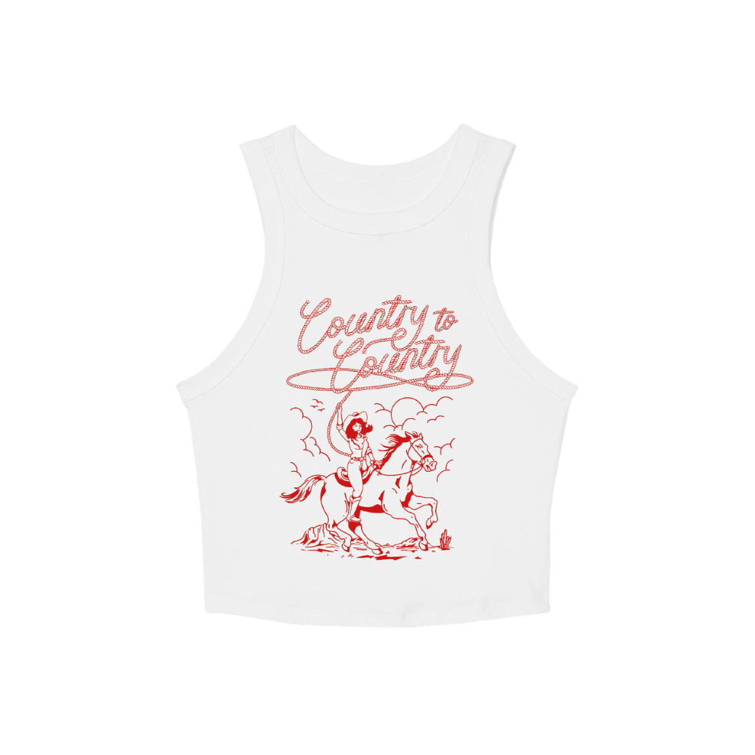The Rodeo Rider Tank Top by 2026 is a white crop top with a red cowboy lassoing "Country to Country"—a western, cartoon-style design ideal for country music fans or the Country to Country Festival.