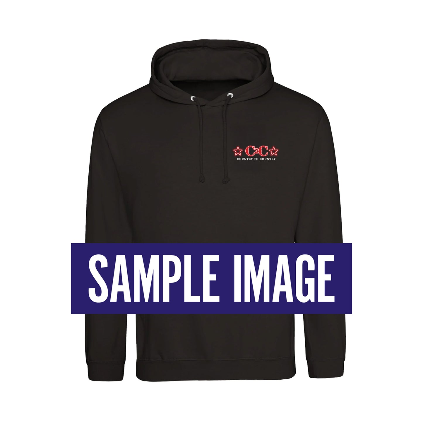 PRE-ORDER the 2027 Online Exclusive Hoodie from C2C Country To Country Store. This black hoodie features a front pocket, CC COUNTRY TO COUNTRY in red and white on the left chest, bold front and back prints, and a blue SAMPLE IMAGE banner.