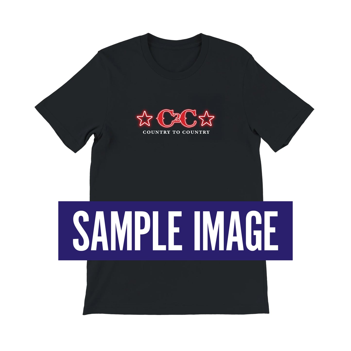 The PRE-ORDER: 2027 Online Exclusive T-Shirt from C2C Country To Country Store features a black tee with a red C2C logo, stars, Country to Country text, and front/back prints. Available online only.