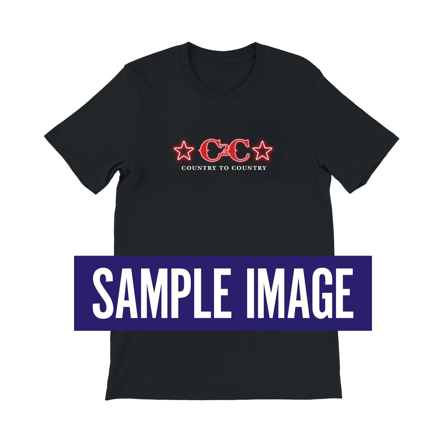 The PRE-ORDER: 2027 Online Exclusive T-Shirt from C2C Country To Country Store features a black tee with a red C2C logo, stars, Country to Country text, and front/back prints. Available online only.