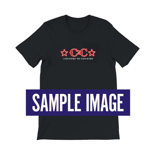 The PRE-ORDER: 2027 Online Exclusive T-Shirt from C2C Country To Country Store features a black tee with a red C2C logo, stars, Country to Country text, and front/back prints. Available online only.