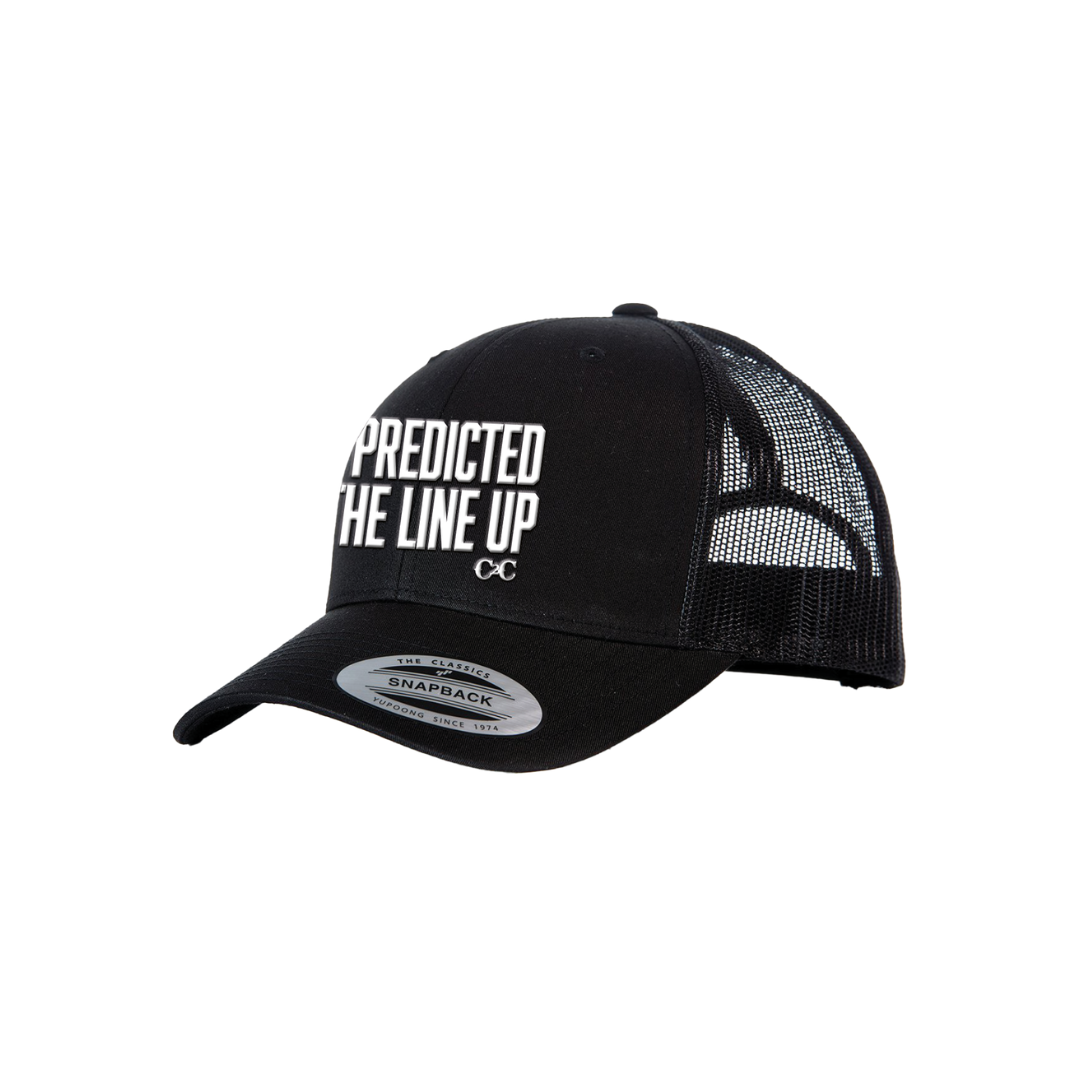 The Line Up Cap by 2026 is a black mesh snapback featuring "PREDICTED THE LINE UP" and a small CC logo in white—perfect for festivals or as an essential C2C accessory.