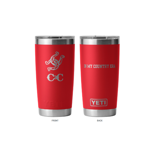 Two red Yeti Tumbler Red cups by 2026, made of durable stainless steel. Triskelion with two interlocked horseshoes on front; "IN MY COUNTRY ERA" above the YETI logo on back. An insulated festival-ready cup for any occasion.