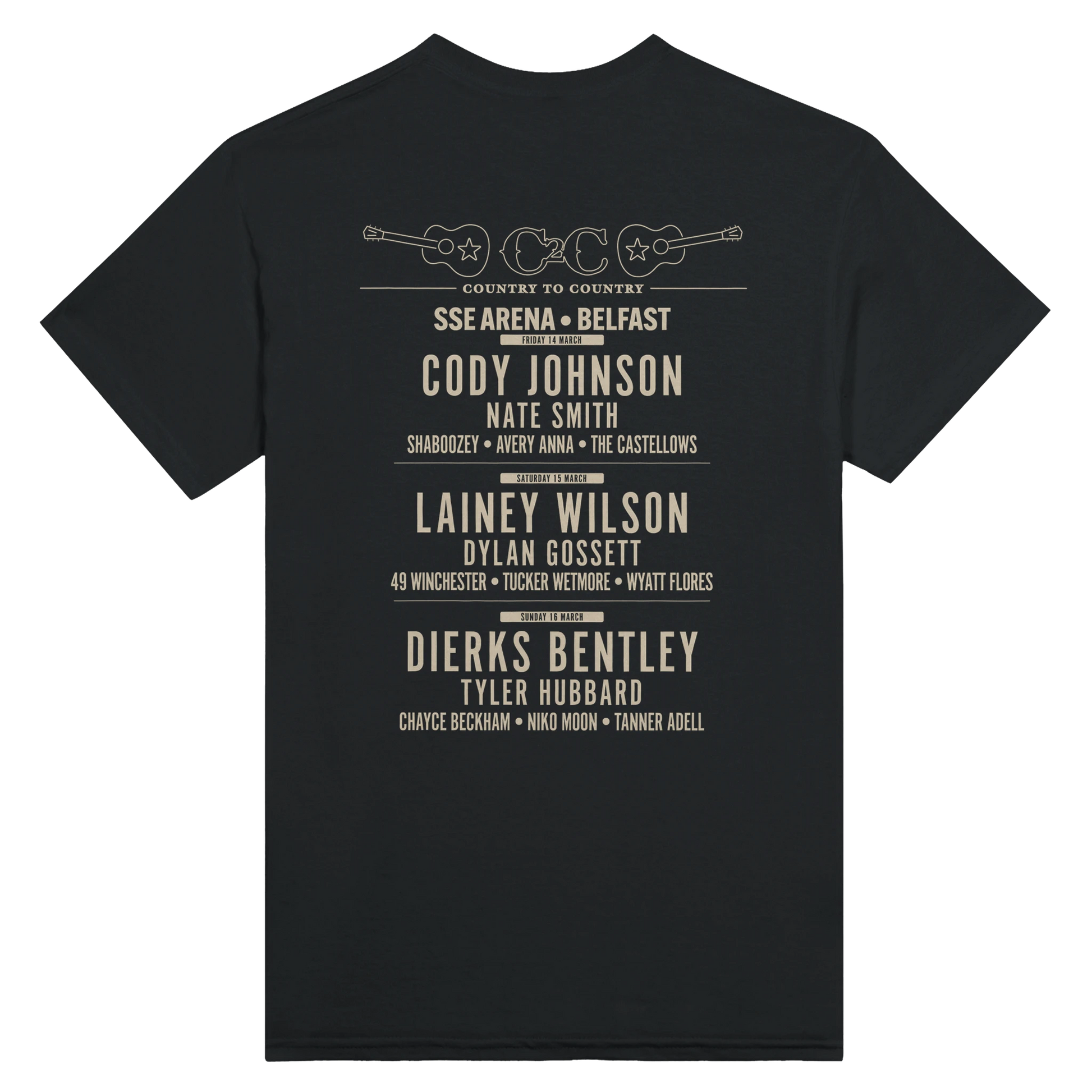 The C2C Country To Country C2C 2025 Classic Country Belfast Line Up T-Shirt features a DTG-printed lineup for the SSE Arena event—Cody Johnson, Lainey Wilson, Dierks Bentley & more—with guitar illustrations. Made to order in soft black fabric.