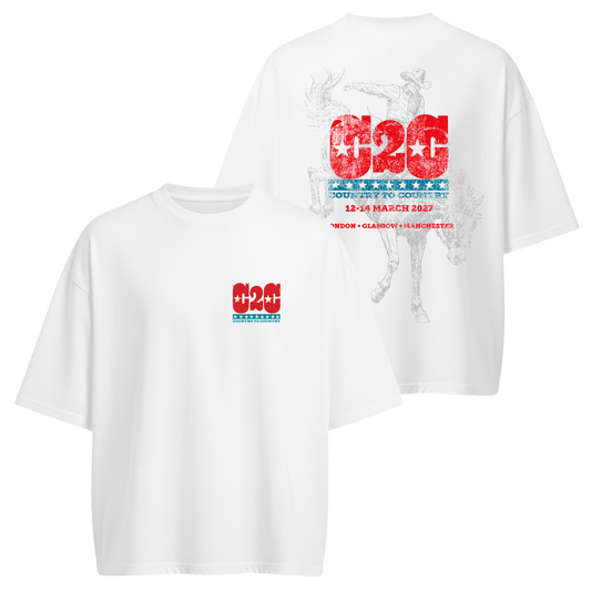 White PRE-ORDER: 2027 Online Exclusive T-Shirt featuring a small red and blue chest logo and a large back graphic of a cowboy on a bucking horse with event name, March 2027 dates, and cities.