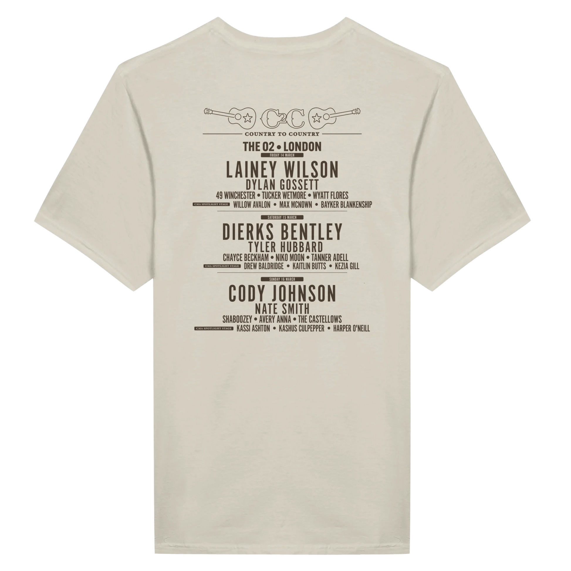 The C2C Country To Country C2C 2025 Vintage/New Traditional London Natural T Shirt features the festival lineup at The O2, plus guitars and a heart graphic. DTG printed. Check our size guide for your best fit!.
