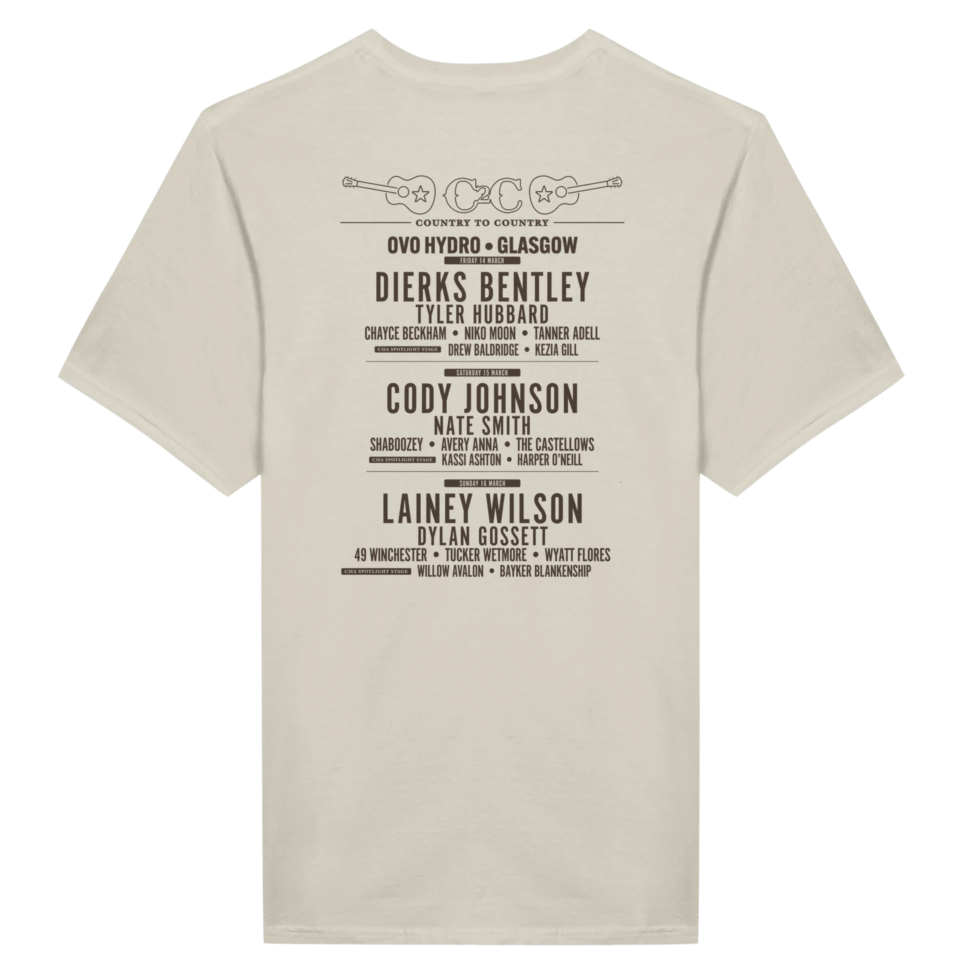 The C2C Country To Country 2025 Vintage/New Traditional Glasgow Natural T Shirt showcases the concert lineup and event details with two crossed guitars, DTG printed for vivid, lasting color on a beige tee.