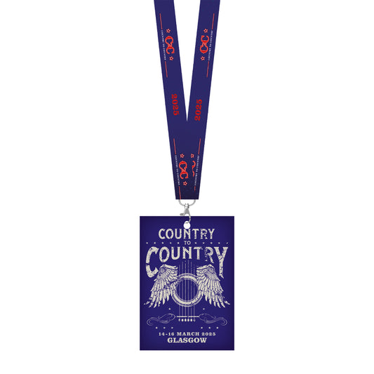 The C2C Country To Country Store’s 2025 Glasgow Programme & Lanyard features a blue lanyard with orange text, a festival pass showing Country to Country above a winged white guitar, and event details: 14-16 MARCH 2025, GLASGOW.